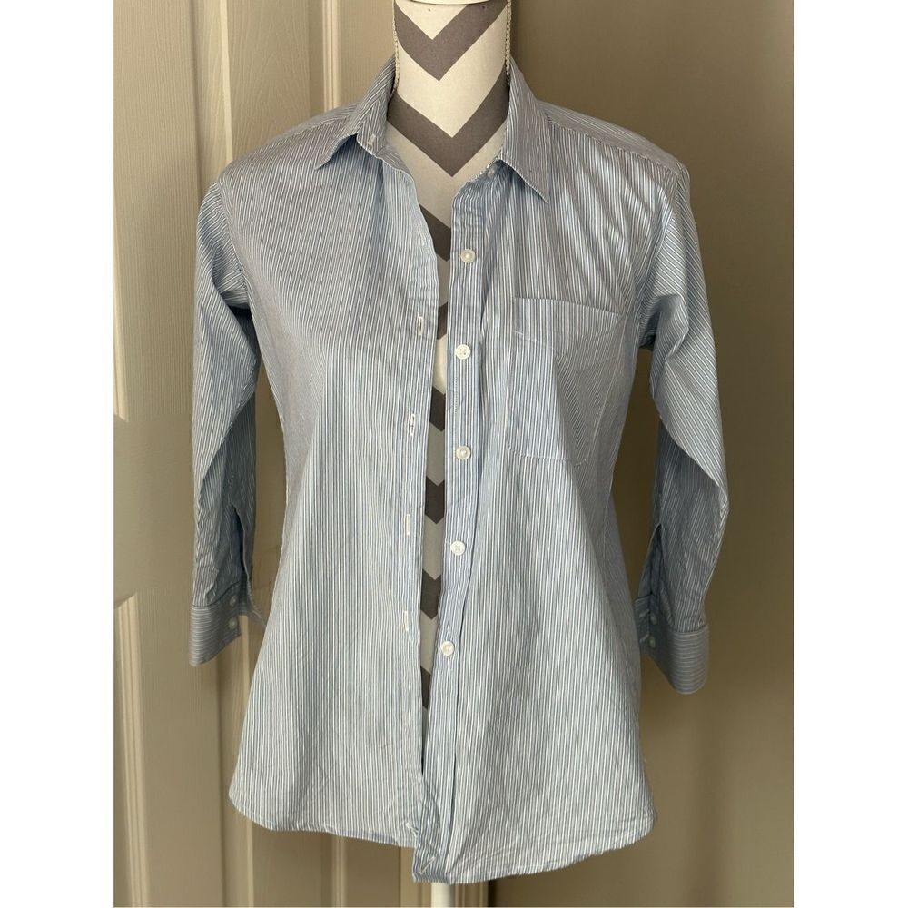 CAbi blue and white striped button front Oxford